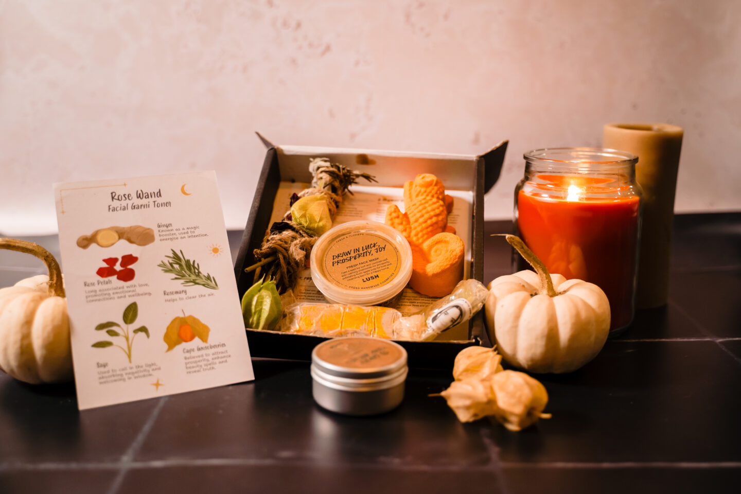 Autumnal self-care products and candles the Lush Fresh & Flowers.