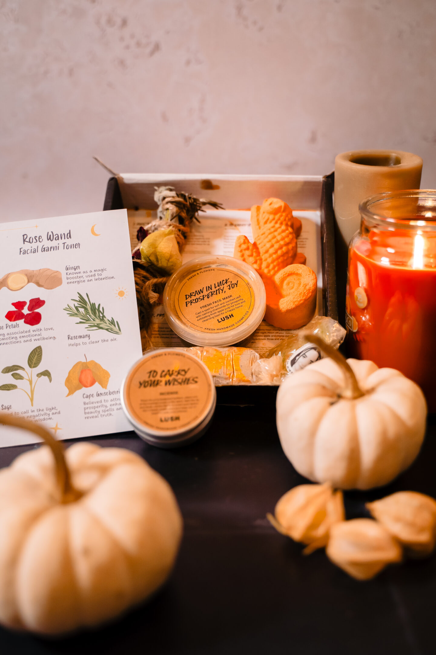 Autumnal skincare products and decorations in Lush Fresh & Flowers.